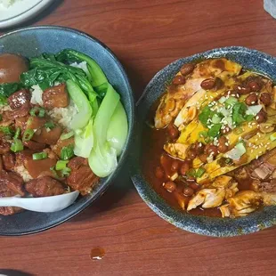 Braised pork over rice, chili chicken