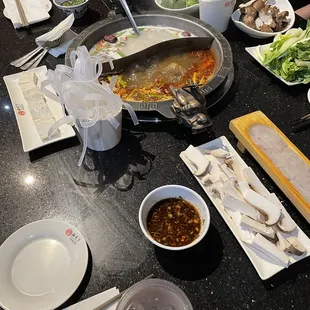 a variety of dishes on a table