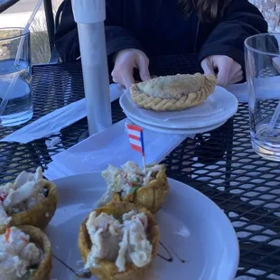 Empanadilla Beef with Sweet Plantain, tostones with chicken and garlic sauce