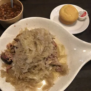 Pulled pork w/mashed potatoes &amp; kraut w/cornbread and a side of baked beans