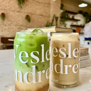 matcha thai tea latte ($6) + vanilla iced latte w/ oatmilk ($7)