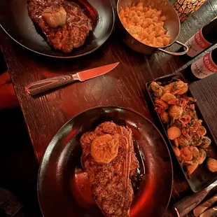 NY Strip with Brussel sprouts and rib-eye with Mac n cheese