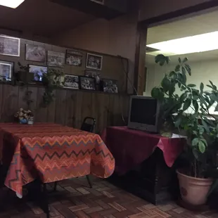 a table with a red tablecloth