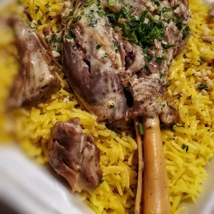 &apos;Mansaf &apos;- tender Lamb Shank topped w creamy yogurt &amp; garlic sauce incl hummus, Greek salad,  basmati rice, pita.  Soooo deeeelish !!!   ; P