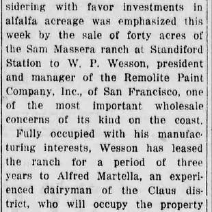 The article in the Modesto Bee, January 19, 1918 about the purchase of the 40 acres by Walter Perrin Wesson Sr.
