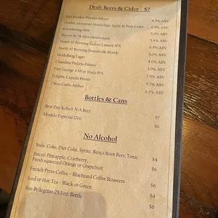 Drink menu