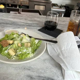 Caesar Salad. Raspberry tea, Meiomi Wine