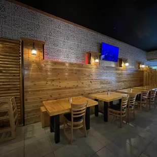 tables and chairs in a restaurant