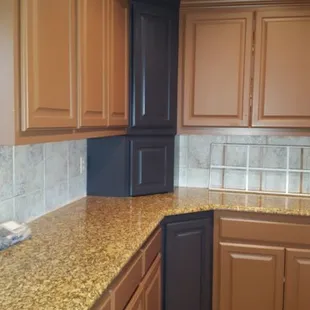 Stage 1 of Cabinet Paint Faux Glaze to be applied - Granite was installed too!
