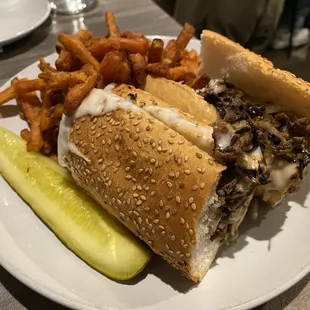 Philly cheesesteak with sweet potato fries