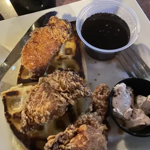 $19 chicken and waffles. Funny thing, only one side burnt and they didn't even think to put that side down in the plate!