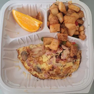 an omelet and potatoes
