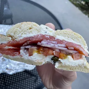 a hand holding a sandwich