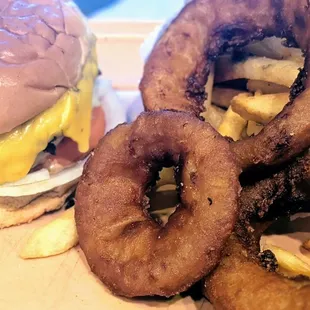 Great classic cheeseburger, onion rings, and fries!