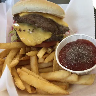 cheeseburger and fries