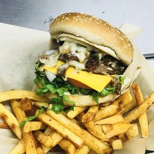 50/50 Burger...Braised Pork|Beef Patty|Cheese Crusted Bun|Burger Fixings