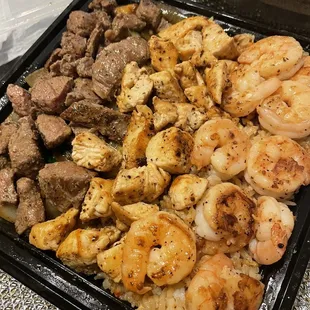 shrimp, steak, and cauliflower