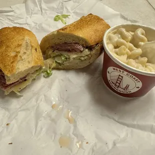 Pastrami sandwich and Mac and cheese