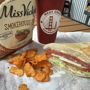 Italian with BBQ chips and a drink