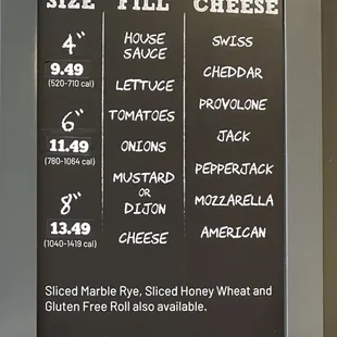 Sandwich sizes and prices menu