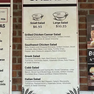 a menu for salads