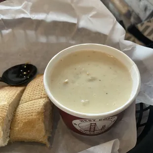 Yummy clam chowder and sourdough