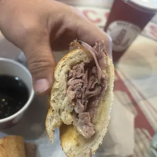 French dip, plenty of meat, crispy bread, and hot just like I like it!
