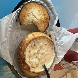 Clam chowder in a bread bowl.
