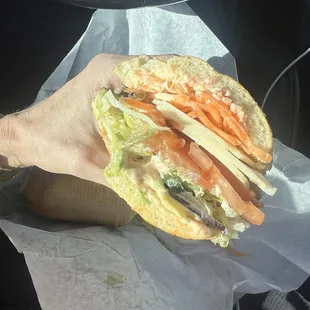 Veggie Sandwich with no bell peppers add jalapeños.