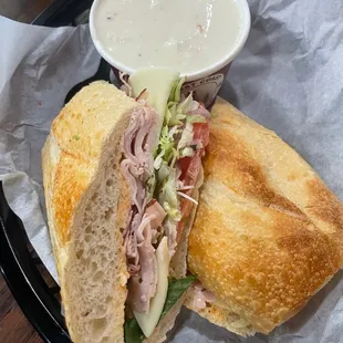 Turkey sandwich with clam chowder