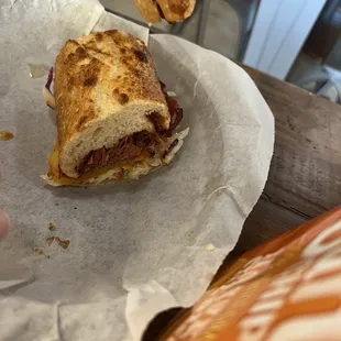 a hand holding a half eaten sandwich