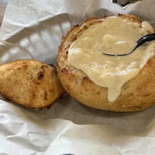 Clam chowder bread bowl.