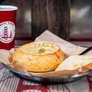 Broccoli &amp; Cheese soup in a bread bowl.