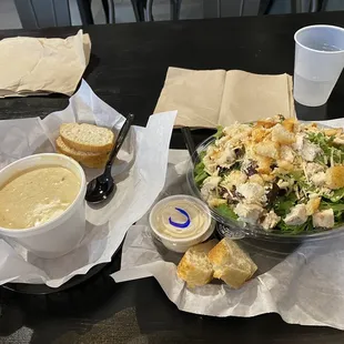 Chicken and Poblano Pepper Soup with a Grilled Chicken Caesar Salad.