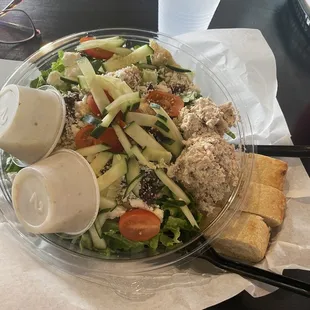 Greek salad with a scoop of tuna salad- soooo delicious!