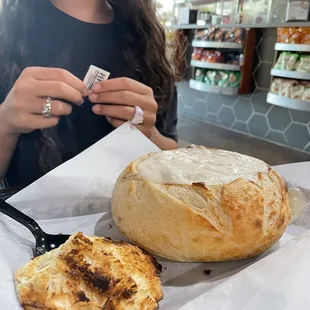 Sourdough bread bowl with clam chowder