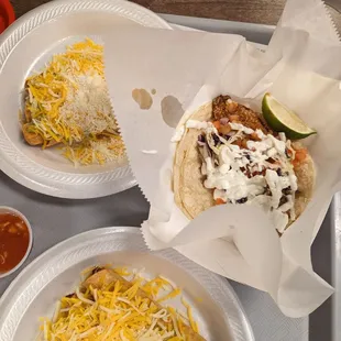 Rolled tacos, fish taco, shrimp taco, chips and queso.