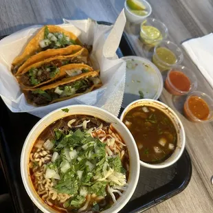 Birria taco (top), birria ramen (bottom)