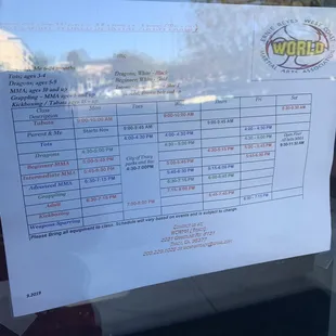 The 0830 class is posted on their class schedule on the window