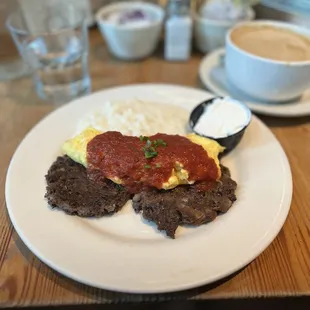 Black bean patties, eggs, grits