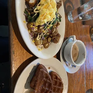 Fried chicken hash with super dry chicken and the burnt waffles they sent out the first time.