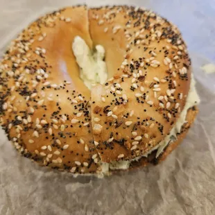 Everything bagel with garlic herb cream cheese