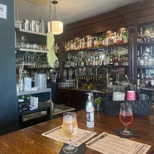 a bar with a wooden bar top