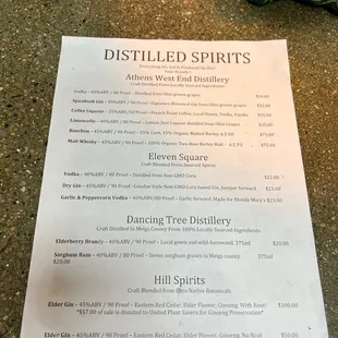 menu for distilled spirits