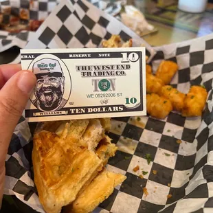 Brunch menu chicken and waffles w/ tots. We played wake and bake bingo and won a gift card for next time!