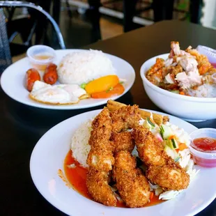 Pandan Fried Chicken Bowl Up: boneless thighs &amp; tenders, crisp crust ($13.97). Add lumpia for $2.59.