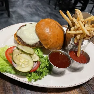 House wagyu burger. With house made BBQ sauce and fries. Gluten free option is available.