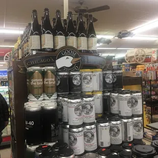 a display of beer cans