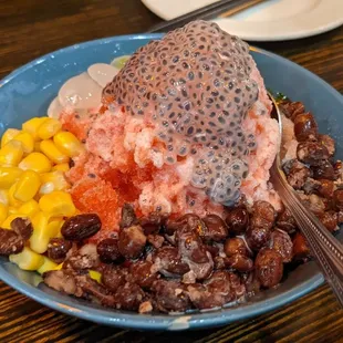 Shaved ice dessert, with sago, beans, corn, palm seeds