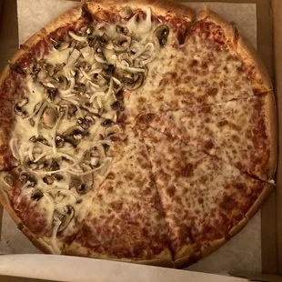 Pizza - half cheese, half mushrooms and onion